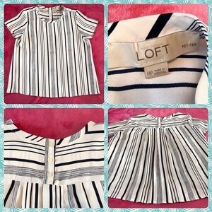 LOFT Cream and Black Striped Short Sleeved Blouse